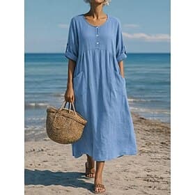 Femmes Robe maxi Robes effet lin Robe fourreau Robe d'été Occasionnel Quotidien Coupe Ample Uni manche longue Col en V Bleu Noir Rouge Foncé Été Printemps Auto