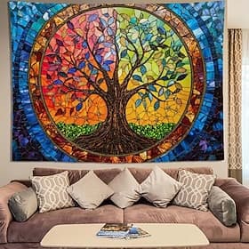 Glassmaleri Livets tre-teppe veggteppe mosaikkstil fargerik levende kunst hjemmedekor til stue soverom stor stoffplakat
