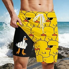 Per uomo Divertente Anatra Dito medio Pantaloncini foderati Pantaloncini da bagno 2 in 1 Pantaloncini da mare Misura del girovita medio Hawaiano Vacanza al Mar