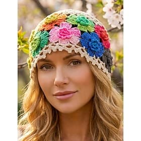 Women's Crocheted Flower Hat, Available in Multiple Colors, Knitted Material, Perfect for Spring and Summer Casual Wear