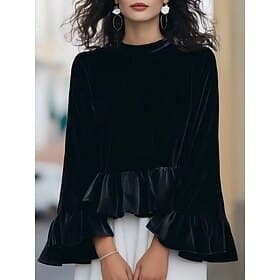 Women's Velvet Blouse Ruched Ruffle Plain Active Stylish Long Sleeve High Neck Regular Tops Daily Holiday Going out Blue Black Pink Wine Spring Fall