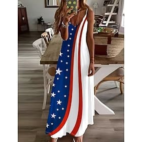 Unabhängigkeitstag Patriotische Damen Maxikleid A-Linie Kleid Spaghetti-Träger Kleid Urlaub Lässig Ausgehen Reguläre Passform Grafik Flagge Ärmellos V-Ausschni