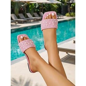 Women's Yellow Pearl Embellished Slide Sandals - Elegant Sparkly Flat Sandals for Resort Poolside, Comfortable Summer Beach Holiday Shoes for Luxury Vacations