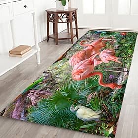 Tapis de couloir imprimé de motifs végétaux, floraux et animaux (flamants roses), en flanelle, antidérapant et doux, idéal pour l'entrée ou la salle de bain.