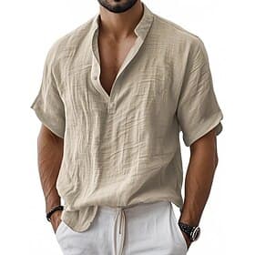 Men's Shirt Linen Shirt Popover Shirt Summer Shirt Beach Wear Solid Color Vacation Street Blue Black White Navy Blue Short Sleeve Shirt Collar Summer Spring Cl
