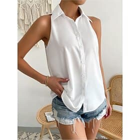 Femmes Chemise en satin Chemise à col camp Froncé Couleur Unie Élégant Occasionnel Sans manches Col de chemise Hauts Réguliers Quotidien Noir Blanche Violet Or