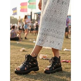 Women's Black Lace-Up Platform Sandals – Chunky Open-Toe Festival Shoes with Cushioned Sole for Concerts, Music Festivals, Street Style, Travel and Daily Wear