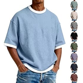 Men's Waffle T-shirt Tee Top Short Sleeve Crew Neck Summer Spring All Seasons Solid Color Fashion Designer Casual Color Block Casual Daily Outdoor Light Blue P
