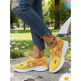 Women's Yellow Butterfly Print Flyknit Sneakers - Sparkly Rhinestone Slip-On Walking Shoes for Casual Travel, Outdoor Outings and Daily Comfort