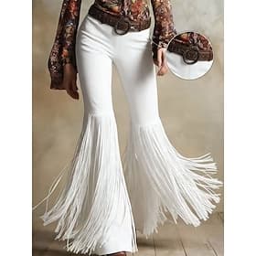 Women's Culottes Wide Leg Flared Pants Chinos Vintage Fashion Streetwear Full Length Medium Waist Solid Color Tassel Fringe Patchwork Pocket Comfy Breathable S