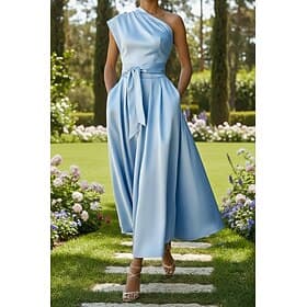 A-Line Ankle Length Tea Length Cocktail Dresses Elegant Sleeveless One Shoulder Garden Party Wedding Stretch Satin with Bow(s) Ruched