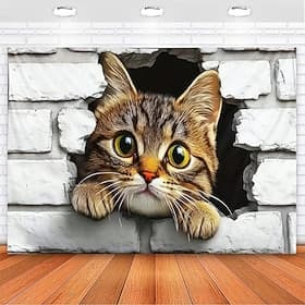3D Cat Tapestry Wall Hanging Cute Peeking Kitten Wall Decor Realistic Broken White Brick Wall Art Large Fabric Poster for Bedroom Living Room