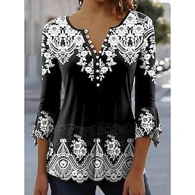Women's Blouse Ruffle Buttons Graphic Geometry Elegant 3/4 Length Sleeve Crew Neck Long Tops Daily Going out Blue White Red Purple Green Summer Spring