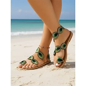 Women's Boho Peacock Embroidered Flat Sandals - Artistic Gladiator Thong Sandals with Ankle Strap, Comfortable Summer Beach Shoes for Tropical Vacations, Islan