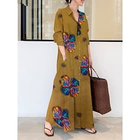 Femmes Robe maxi Robe fourreau Vacances Occasionnel Quotidien Coupe régulière Fleuri manche longue Col de chemise Jaune Rouge bleu marine Orange Été Printemps