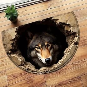 Half-Circle 3D Optical Illusion Doormat 2D Flat Print Featuring Realistic Wolf Peeking Through Broken Ground Vivid Animal Design Rug