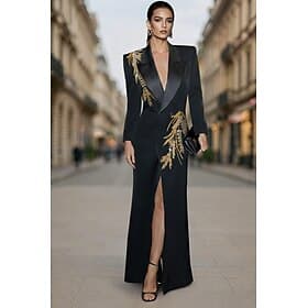 Black Tie Blazer Dress Tuxedo Dress Gold Sequin Applique Formal Wedding Guest Satin Stretch Crepe Elegant High Split Long Sleeve Satin Peak lapel