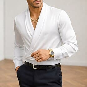 Men's Shirt Silk Like Satin Shirt Dress Shirt Casual Shirt Prom Shirt Plain Wedding Formal Black White Long Sleeve Shawl Spring All Seasons Clothing Apparel Wr