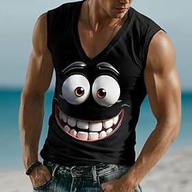Men's 3D Funny Emotes T Shirt Sleeveless T shirt 3D Print V Neck Shirt Tropical Outdoor Vacation Hawaiian Black 1 Black 3 Black 2 Summer Spring Clothing Appare