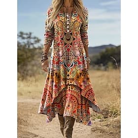 Kvinners Midi Kjole Boho Shift Kjole Casual Hverdagsferie Vanlig Passform Grafikk Geometrisk Langermet Rundhals Svart Rød Oransje Mørk Blå Sommer Vår