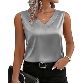 Women's Elegant Satin Top T Shirt Silky Tops Patchwork Solid Color Elegant Vintage Fashion Sleeveless V Neck Regular Tops Daily Going out Weekend Blue Silver W