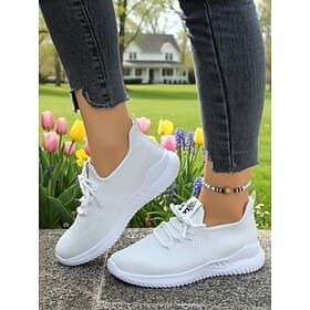 Women's White Lightweight Flyknit Walking Shoes – Breathable Lace-Up Comfort Sneakers for All-Day Wear, Travel, Fitness, Work  Casual Outings