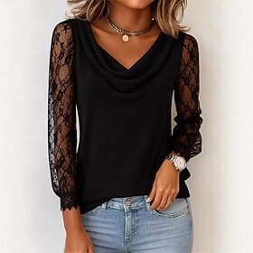 Women's Lace Splicing Top Summer Tops Blouse Dressy Tops Ruched Lace Patchwork Plain Elegant Vintage Ladies Long Sleeve Cowl Neck Regular Tops Daily Work Holid