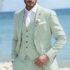 Pour des hommes Smoking Costumes en seersucker Mariage à la plage Mariage de printemps Rose Claire Bleu Ciel Printemps  Été Costume / Tailleur Revers Cranté Qu