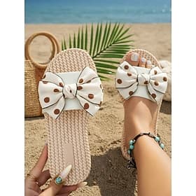 Women's Polka Dot Bow Slide Sandals with Braided Rope Sole – Cute Slip-On Flat Shoes for Beach Vacations, Summer Holidays and Poolside