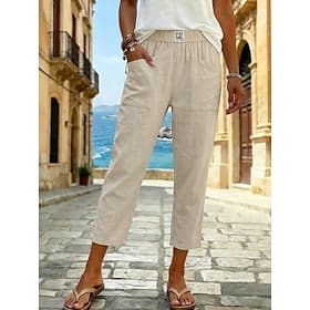 Women's100% Cotton Pants Summer Pants Cropped Pants Beach Pants Vacation Classic Ankle-Length Mid Waist Pocket Baggy Elastic Drawstring Design Comfort Breathab