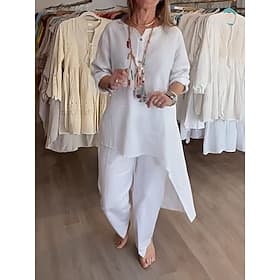 Femmes Chemise Ensemble effet lin Ensembles deux pièces Pantalons à Jambes Larges manche longue Col en V Uni Mode Streetwear Quotidien Occasionnel Quotidien Bl