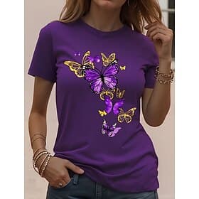 Women's T Shirt Print Graphic Animal Butterfly Vintage Stylish Classic Short Sleeve Crew Neck Round Neck Regular Tops Daily Weekend White Pink Sky Blue Light P