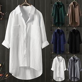 Women's Blouse Cotton Shirt Buttons Solid Color Daily Stylish Basic Long Sleeve Shirt Collar Long Tops Daily Black White Navy Blue Green Spring Fall