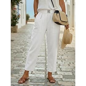 Pantalon d'été classique uni pour femme, 100 % coton et lin, longueur cheville, taille mi-haute, poche, coupe ample avec cordon de serrage élastique, confortab