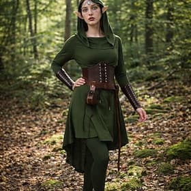 Set Retro Vintage Mittelalterlich Renaissance Asymmetrisch Kleid Korsett Kopfschmuck mit Zubehör langarm Elf Fee Kostüm Damen Fantasie Halloween Karneval Renai