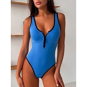 Women's Swimwear One Piece Monokini Swimsuit Slim Front Zip Backless Vacation Beach Wear Solid Color Scoop Neck Sleeveless Bathing Suits