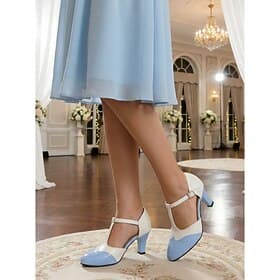 Women's Elegant Light Blue  Ivory T-Strap Pumps - Vintage Wingtip Wedding Shoes with Comfortable Mid-Heel for Mother of the Bride, Indoor Weddings  Formal Rece