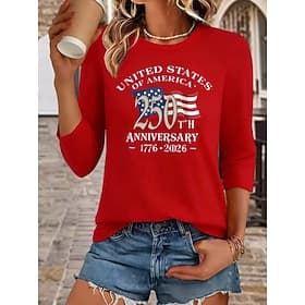 Independence Day American Anniversary Patriotic Women's T Shirt Print Graphic Flag American Flag Stylish Classic Casual Long Sleeve Crew Neck Regular Tops Dail