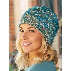 Gorro feminino estilo boho paisley, em poliéster macio multicolorido, com proteção para o pescoço. Acessório leve e vintage, perfeito para uso casual diário, f