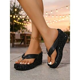 Women's Chic Gold Sparkly Slip-On Wedges – Comfortable Open Toe Sandals for Resort Evenings, Honeymoons and Summer Parties