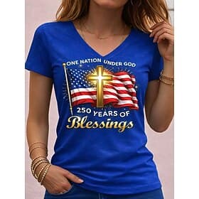 Independence Day American Anniversary Patriotic Women's T Shirt Print Graphic Flag Vintage Stylish Classic Short Sleeve V Neck Regular Tops Daily Blue Black Wh thumbnail 4