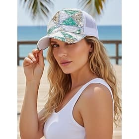 Women's Multi-Color Bohemian Style Sequin Cap, Breathable Polyester, Perfect for Vacation and Daily Casual Wear