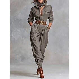 Women's Normal Jumpsuit Elegant Solid Color Long Sleeve Shirt Collar Pocket Buttons Daily Home Regular Fit Gray Spring
