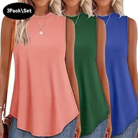 Multi Packs 3pcs Female Crew Neck Sleeveless BlackPinkWhite Tank Vest Sleeveless Shirt Plain Casual Daily Polyester Summer