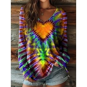 Women's T Shirt Print Heart Graphic Tie Dye Bohemia Vintage Ethnic Long Sleeve V Neck Regular Tops Daily Blue Yellow Red Purple Green Summer Spring Fall