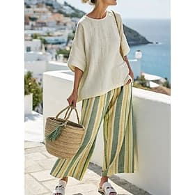 Women's Pants Sets Bolero 3/4 Length Sleeve Crew Neck Striped Fashion Streetwear Casual Daily Outdoor Blue Light Green Pink Summer Regular Fit