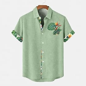 Men's Linen Shirt Summer Shirt Beach Wear Button Up Shirt Plants Beach Vacation Blue Pink Green Khaki Short Sleeve Turndown Summer Spring Clothing Apparel