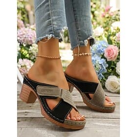 Women's Casual Chunky Heel Sandals - Soft Textured Upper with Buckle Strap, Comfortable Slip-On Clog Heels, Vintage-Inspired Everyday Shoes for Work, Walking,