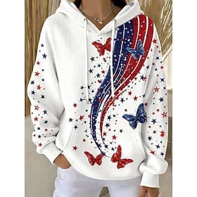 Independence Day PatrioticWomen's Pullover Hoodie Sweatshirt Graphic Letter Casual Long Sleeve Hooded Regular Tops Casual Dailywear Sports White Spring Fall