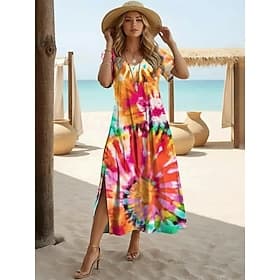 Damen Maxikleid Freizeitkleid A Linie Kleid Druckkleid Mode Modern Outdoor Urlaub Wochenende Normale Passform Grafik Batik Kurzarm V Ausschnitt Orange Sommer F